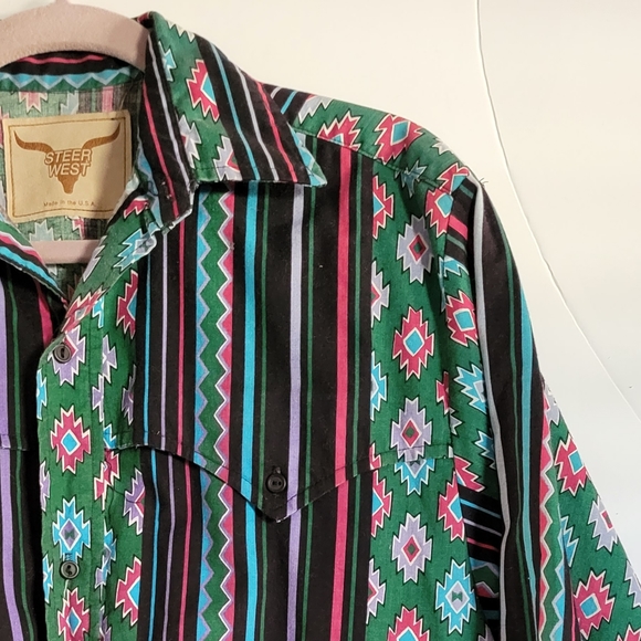Vintage 80-90’s STEER WEST USA Button Up Shirt Western Southwestern Aztec Print - Picture 4 of 8